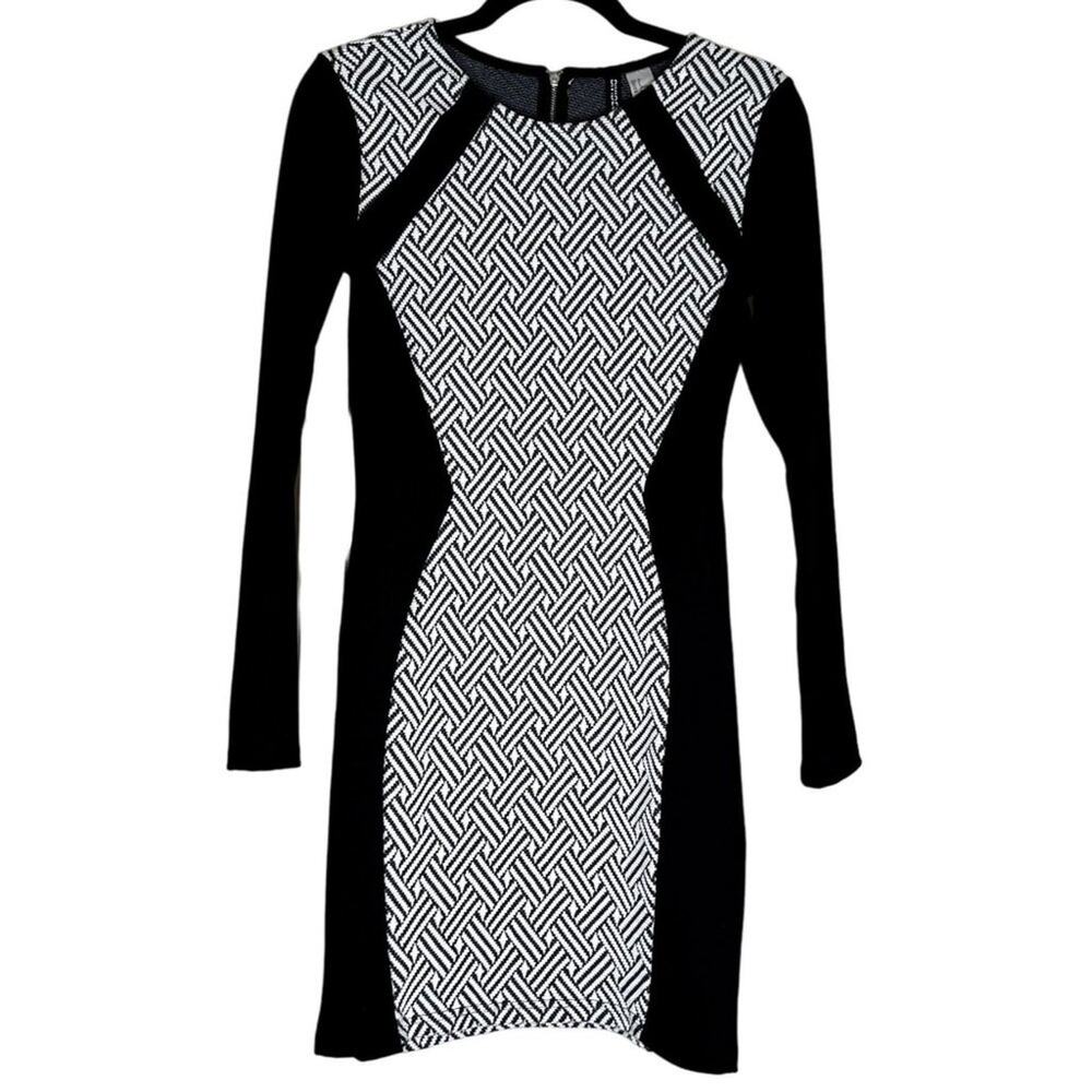 H&M Divided Bodycon Mini Dress Black White Geometric Long Sleeve Sz 8